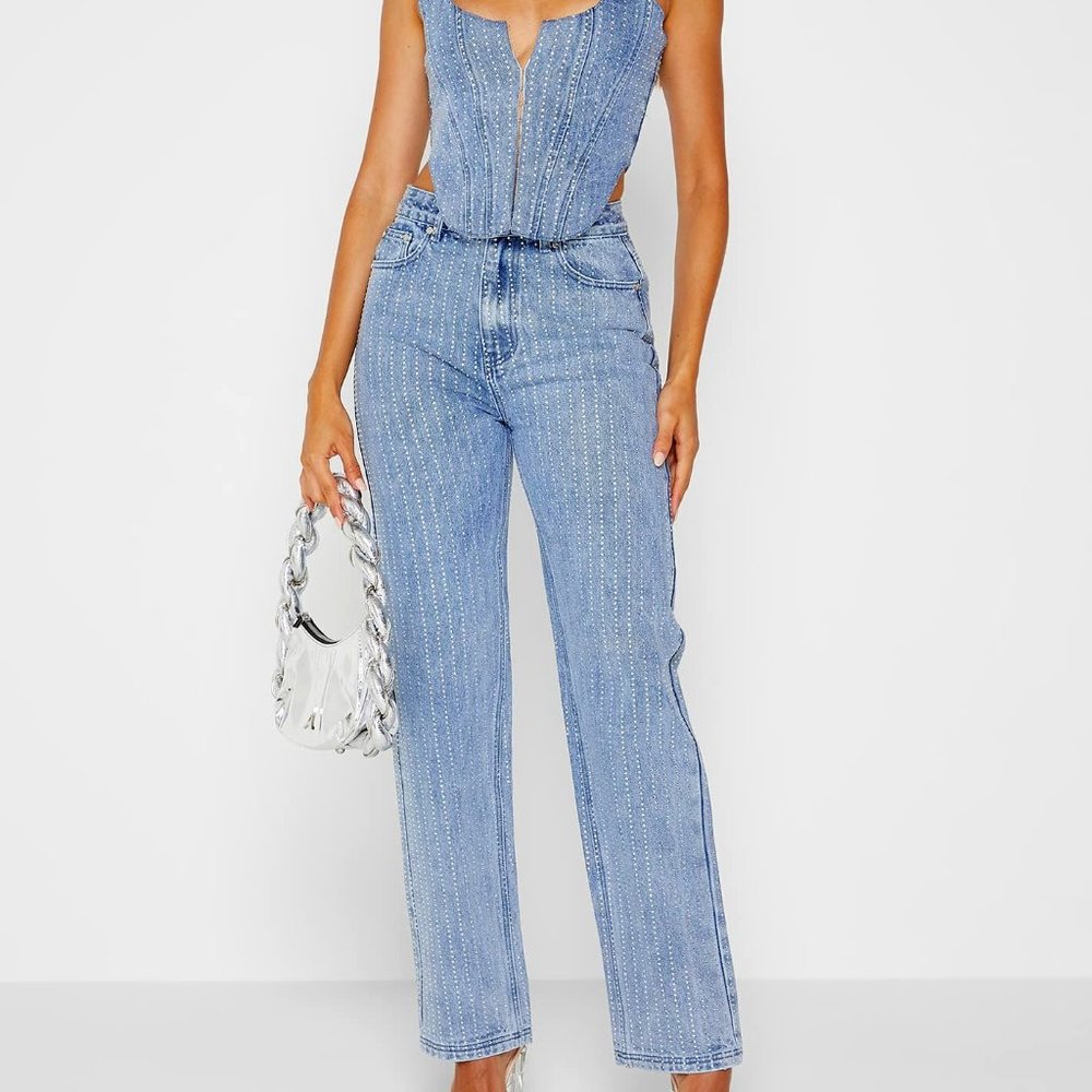 MANIERE DE VOIR RHINESTONE MOM JEANS - MID BLUE - US 10